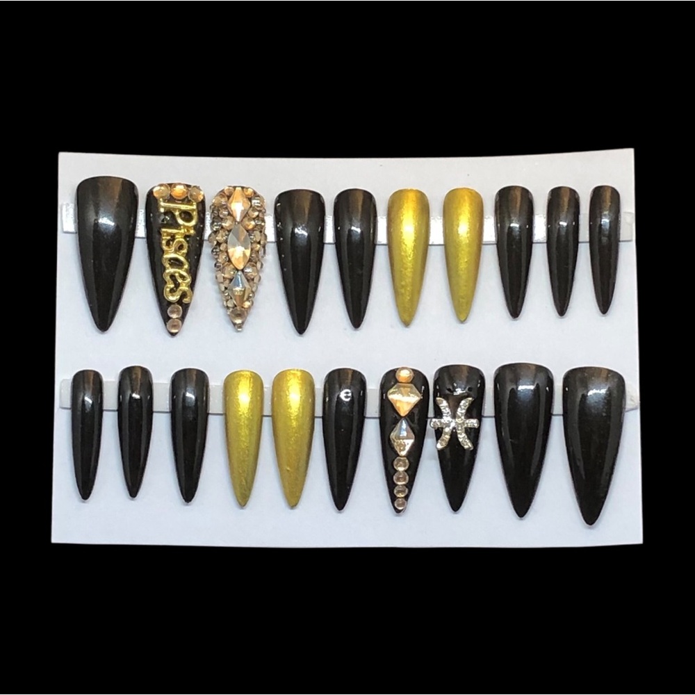 Handmade Press On Nails Medium Long Full Set Almond Shape Black PISCES N…